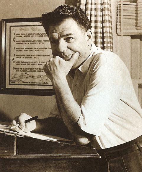 black and white portrait of man leaning on left elbow hand bracing chin 3-quarter view of Oscar Hammerstein, one songwriter featured in Carefully Taught lecture by Richard Hanson